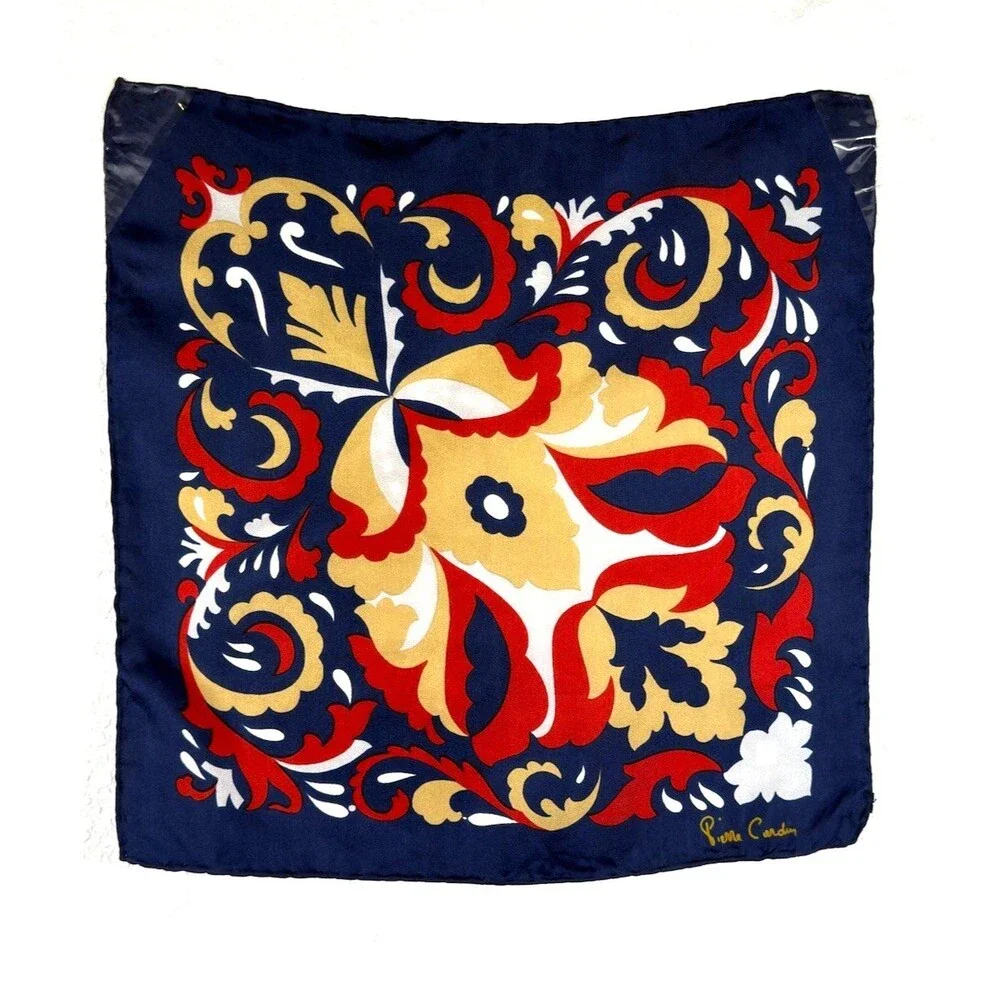 Vintage Pierre Cardin 100% Silk Scarf 14” Navy Red Gold Baroque Floral Mod Boho